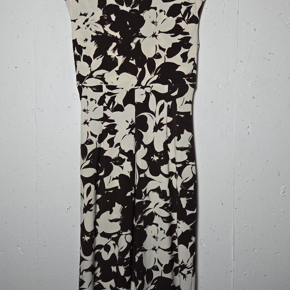 Lauren Ralph Lauren Brown Floral Sleeveless Dress 6 Stretch Ruched Career Mature - Picture 2 of 9